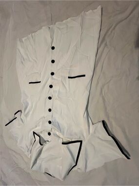 White Button-Front Dress with Black Trim